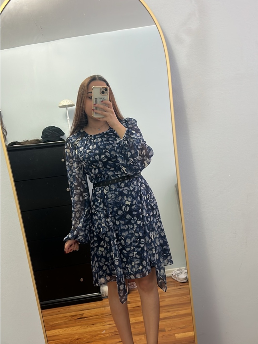 BCBGMaxAzria Navy and White Floral Long-Sleeve Chiffon Dress
